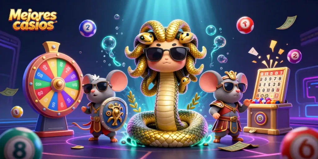 Captura en 3D de los mejores casinos con Medusa y un guerrero, rodeados de elementos de juego vibrantes.