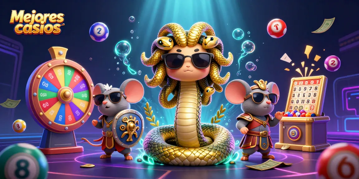 Captura en 3D de los mejores casinos con Medusa y un guerrero, rodeados de elementos de juego vibrantes.