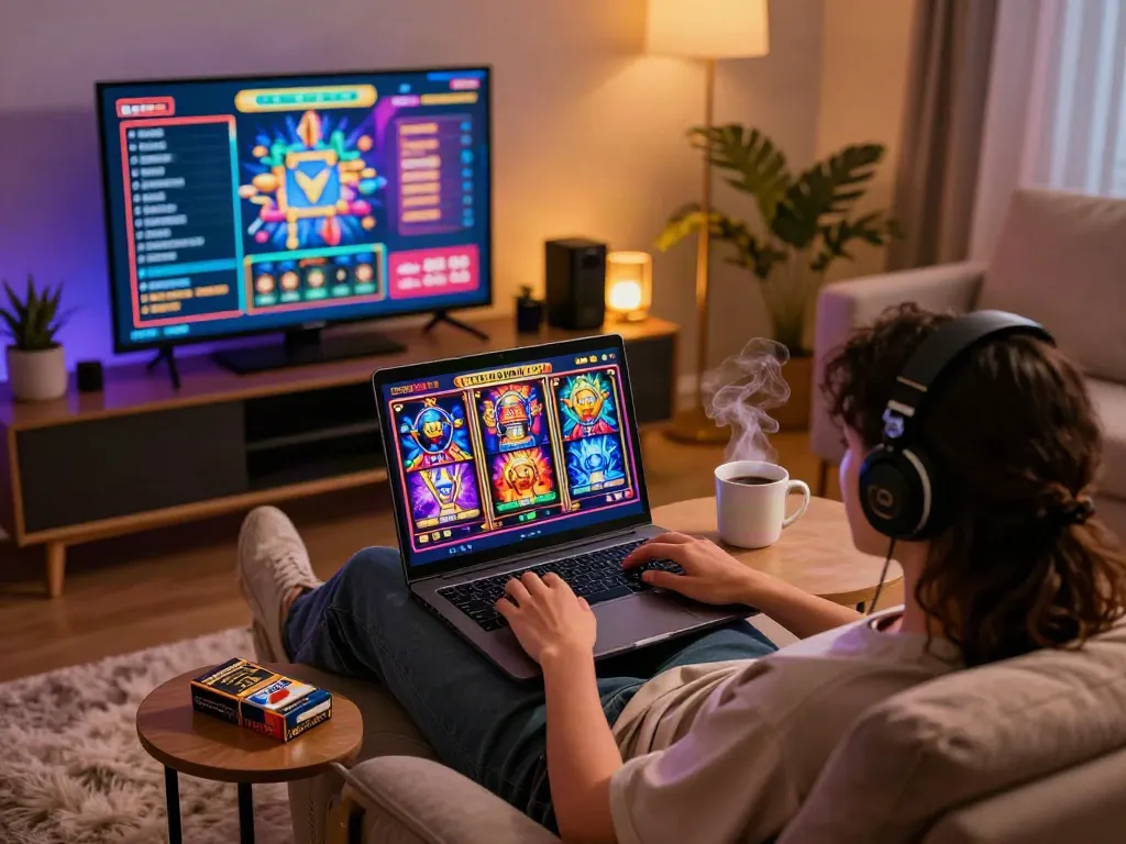 Luxury12 gaming scene with a relaxed player enjoying slot games at home.