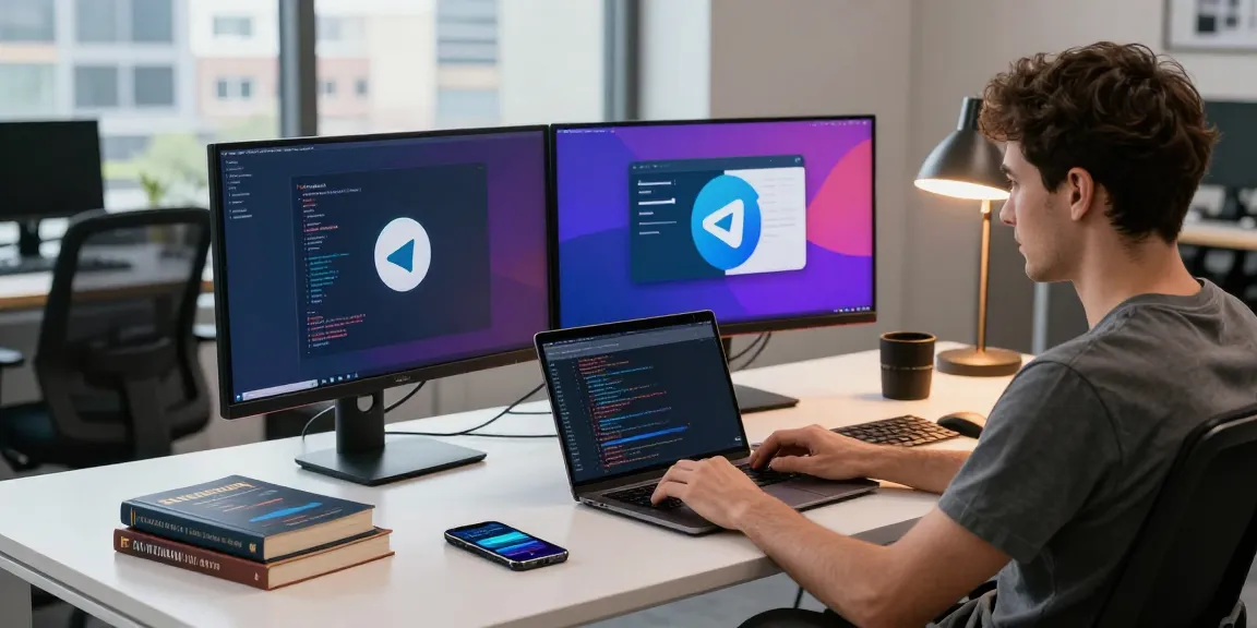 Explore telegram中文版下载 in a focused software development workspace with coding tools and vibrant screens.