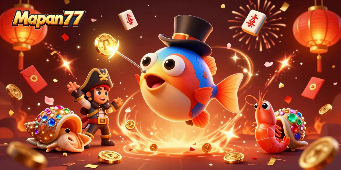Mapan777 attracts attention with a vibrant 3D scene featuring casino-themed elements and characters