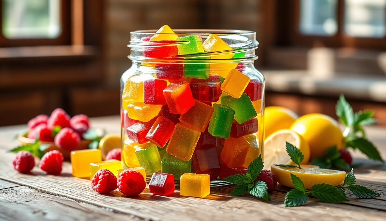 Delicious weed gummies displayed in a jar with vibrant colors and fresh fruits.