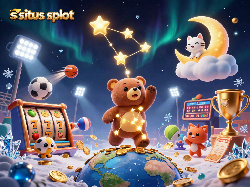 Scoop coins in situs slot with a cartoon bear, slot reels and dynamic sports elements.