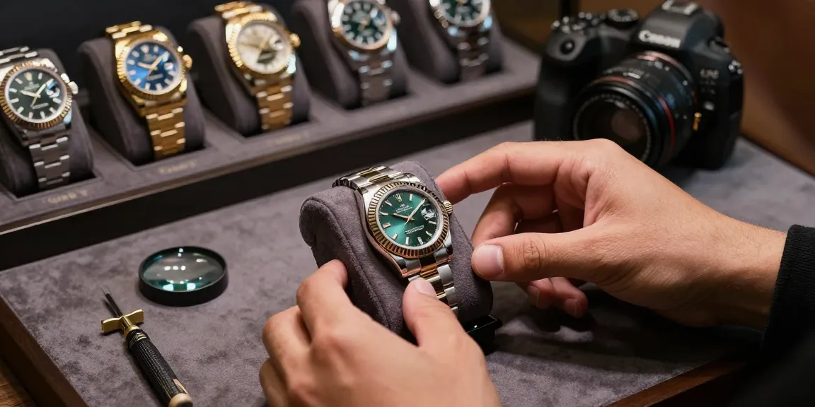 Luxury watch enthusiast admiring a detailed rolex replica on a velvet table surrounded by tools, showcasing craftsmanship.