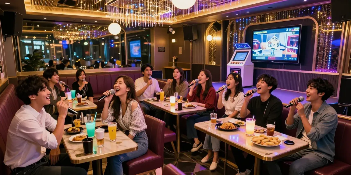 Friends enjoying a vibrant karaoke night at www.3no.org, surrounded by exciting lights and festive decor.