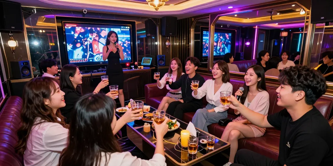 Guests enjoying premium drinks and karaoke at 강남 가라오케 venue, vibrant nightlife and entertainment experience.