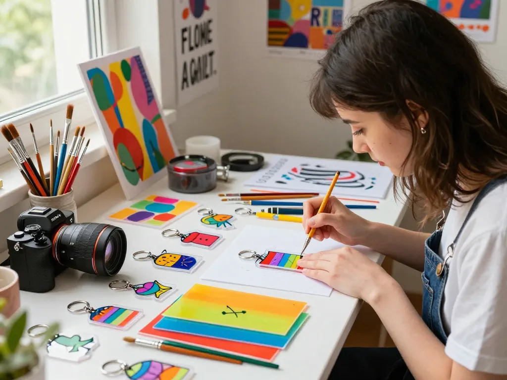 Customized keychain creation process with vibrant acrylic art and tools in an inviting workspace.