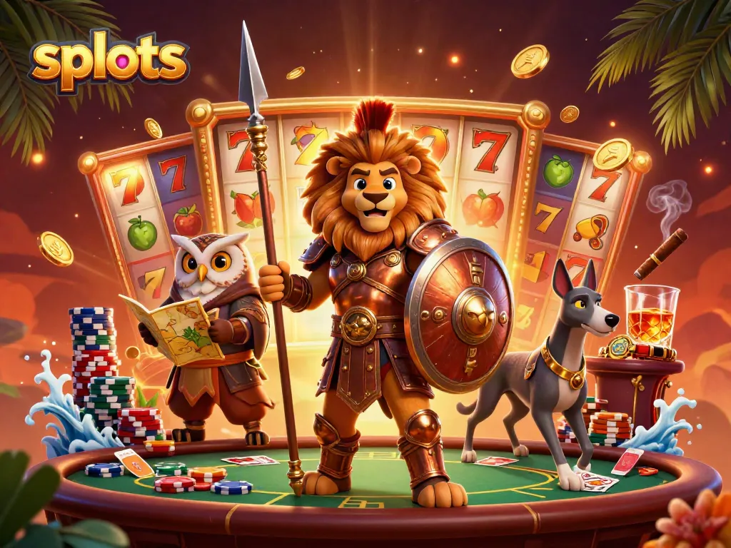Experience thrilling slots action with vibrant characters and dynamic casino elements in this 3D illustration.