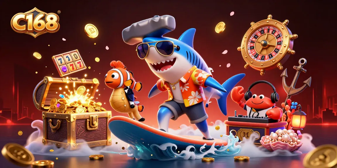C168 offers exciting gameplay with a shark surfer character riding waves of gold coins in a vibrant casino setting.