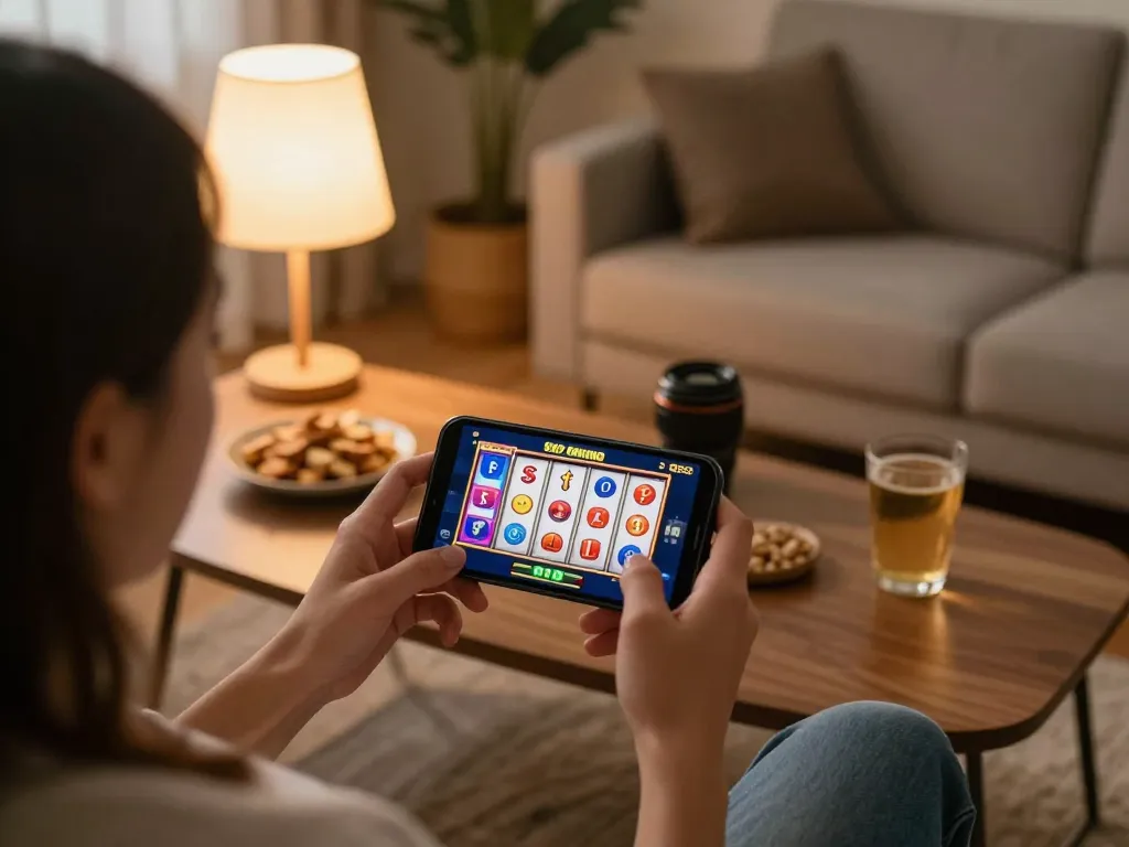Engaging in Slot Online gameplay on a smartphone in a cozy home environment, showcasing vibrant reels and personal comfort.