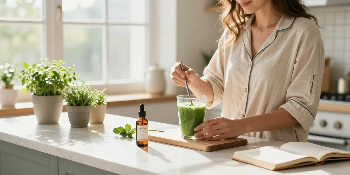 CBD edibles UK: woman preparing CBD smoothie in bright kitchen with natural wellness products and fresh ingredients.