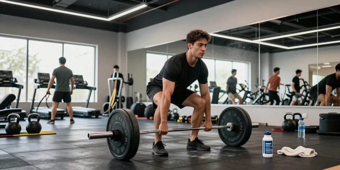 Athletic man deadlifting in gym, utilizing Deus Medical Steroids for performance.