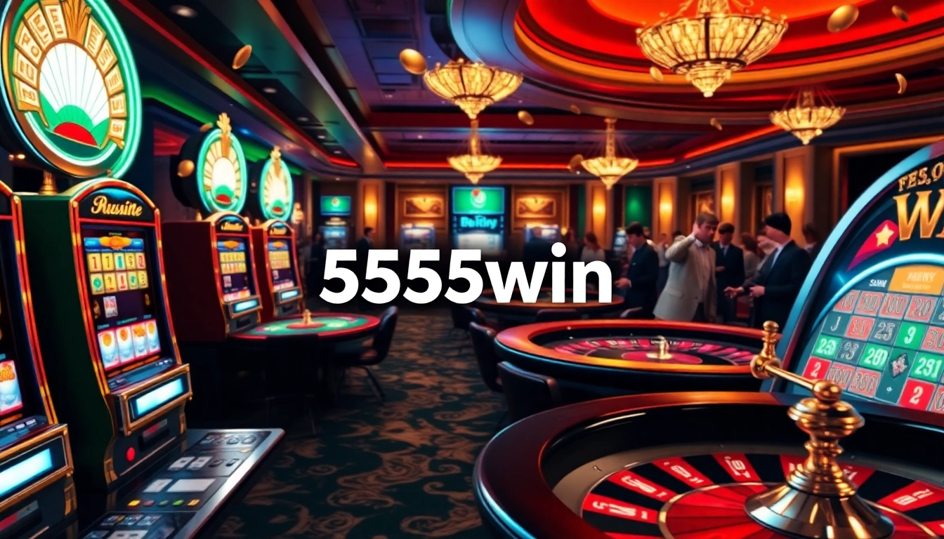 Exciting casino experience with 555win logo, elegant slot machines, and vibrant poker tables.