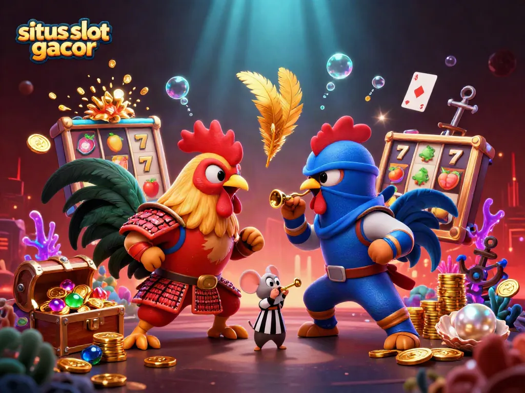Menangkan hadiah besar di situs slot gacor dengan ilustrasi ayam aduan 3D yang dramatis.