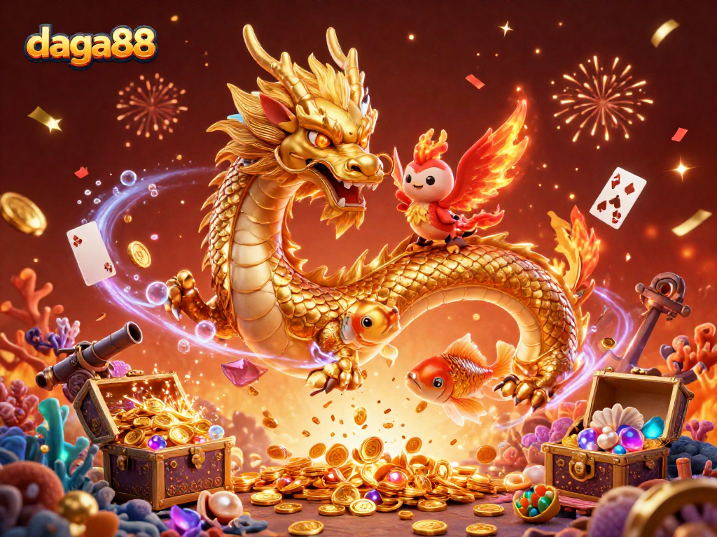 Daga88 players enjoy exciting cockfighting matches and dragon-themed adventures in a vibrant 3D illustration.