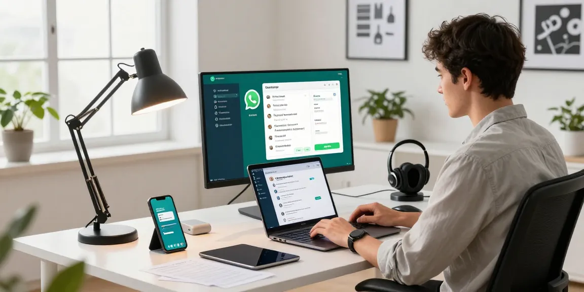 User engaging with WhatsApp電腦版 on a sleek laptop in a modern office.