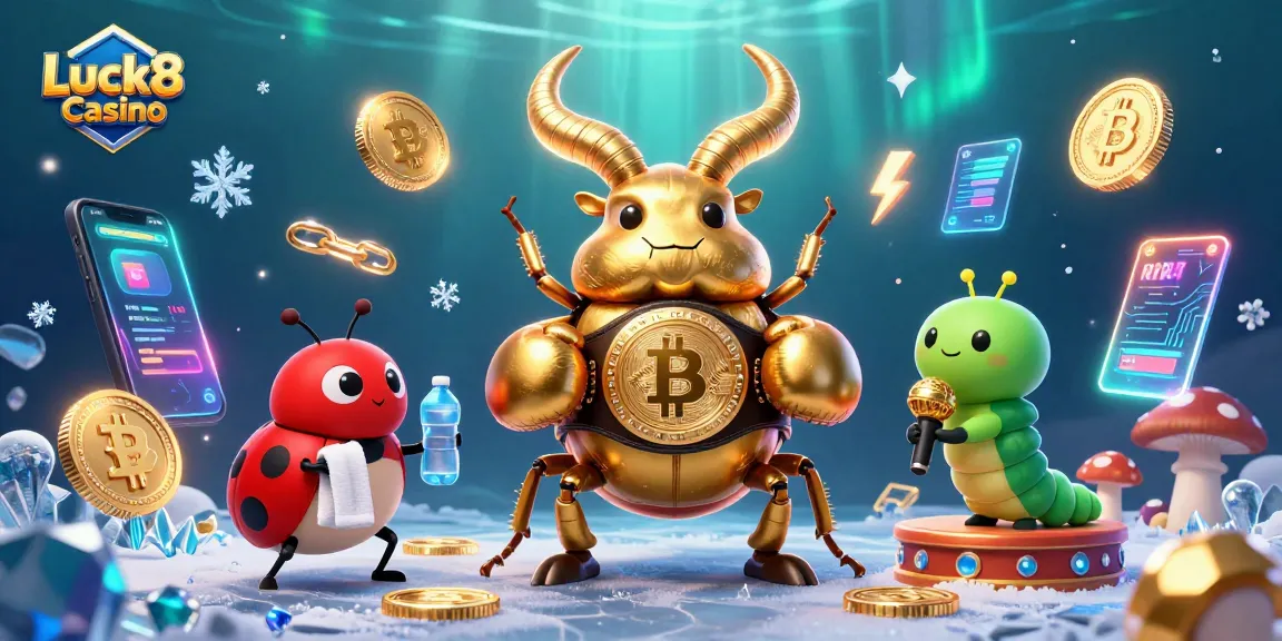 Bet on excitement at Luck8 Casino with dynamic characters and crypto elements in a vibrant scene.