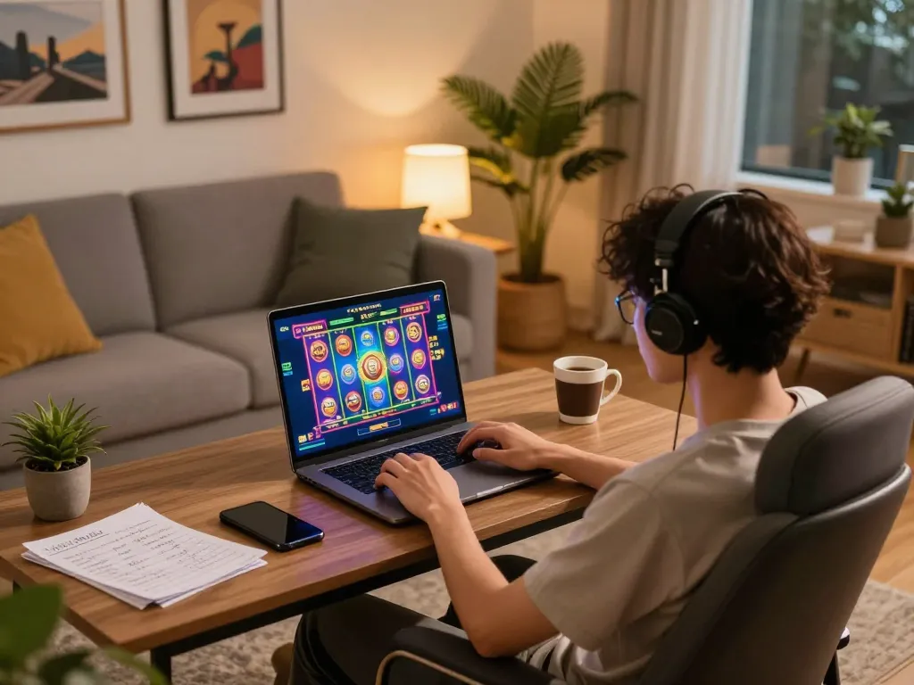 Player engages with slot 10 ribu on laptop in cozy gaming setup, highlighting strategy and enjoyment.