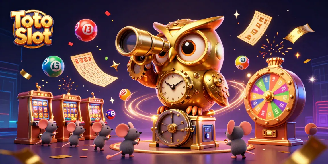 Toto Slot immersive 3D illustration showcasing a clockwork golden owl overseeing vibrant casino activities.