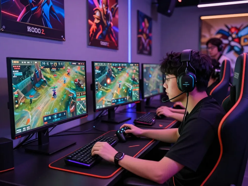 Gamer engaged in esports betting Singapore, focused on match statistics and odds, with vibrant gaming setup and thrilling atmosphere.