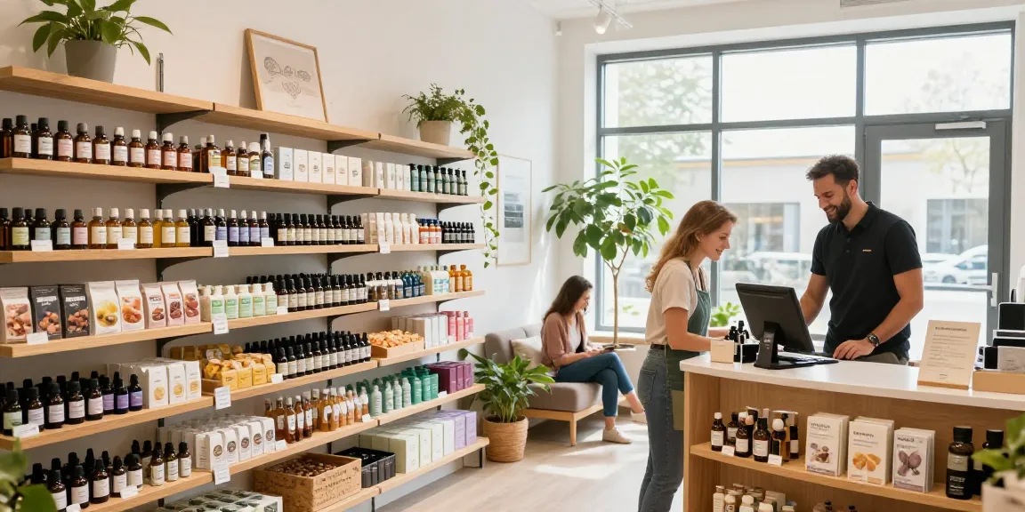 Cozy interior of a cbd shop heilbronn with vibrant products and friendly staff.