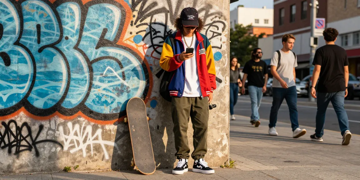 Stylish urban individual showcasing 레플리카 streetwear while checking smartphone against graffiti wall, vibrant city life backdrop.