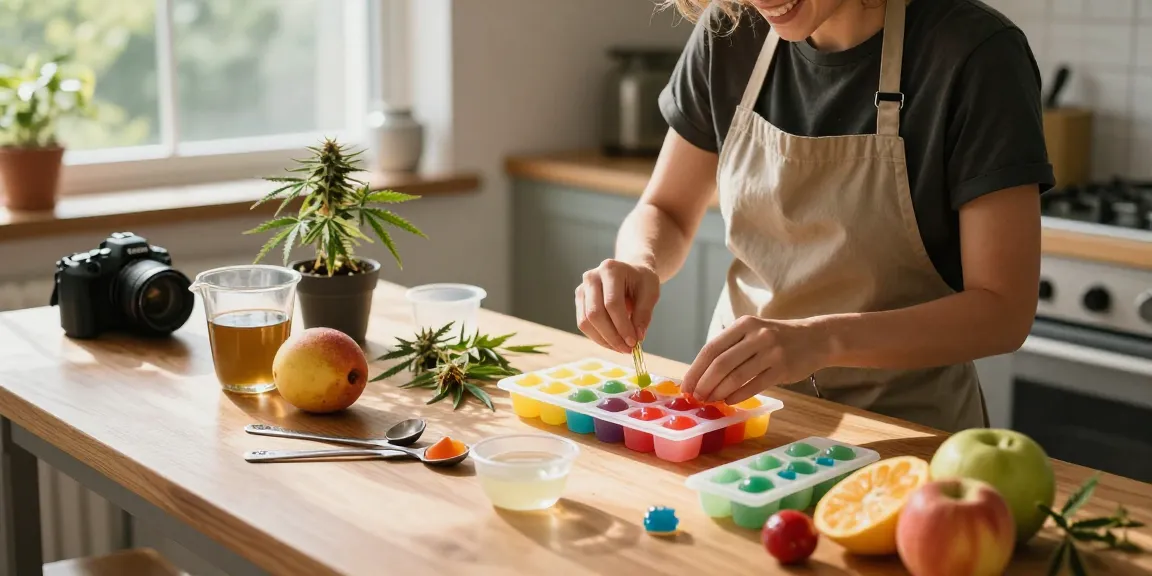 Creating homemade edibles online in a bright kitchen with vibrant ingredients.
