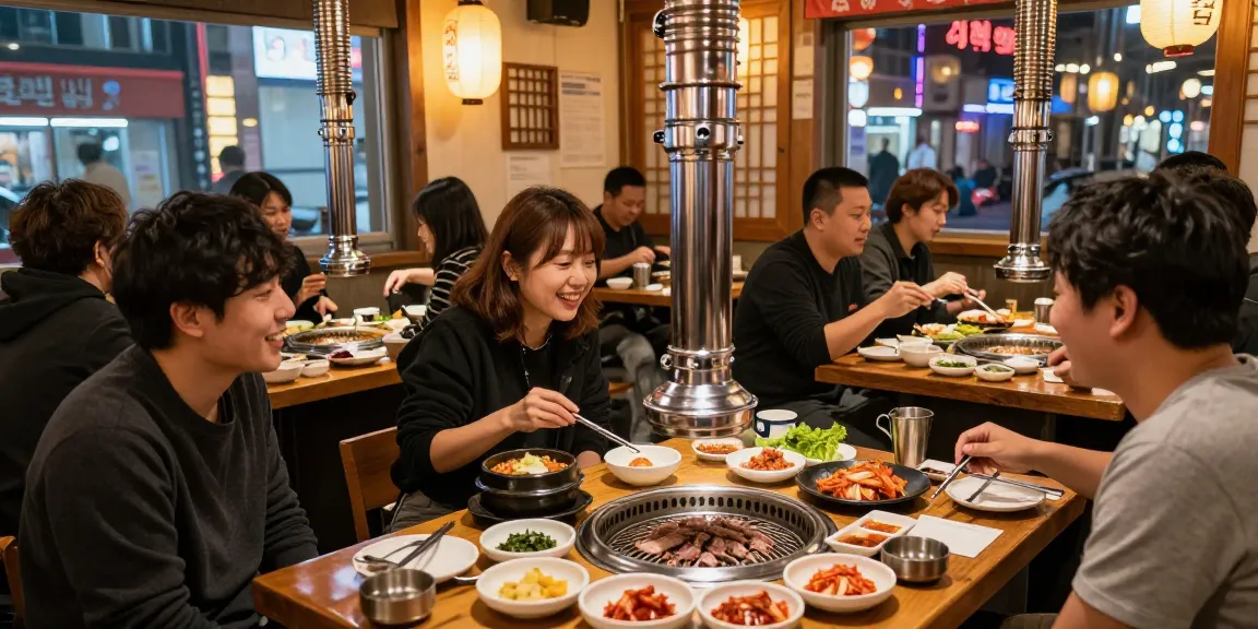 상봉동 한국관나이트 featuring guests enjoying traditional Korean cuisine in a lively restaurant atmosphere.