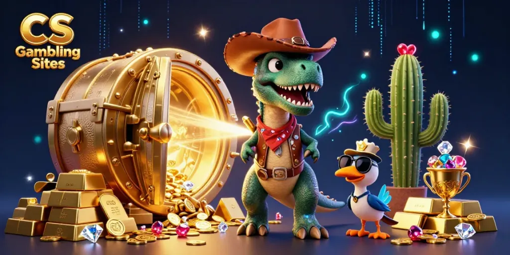 Engage with CS Gambling Sites featuring a dynamic cowboy dinosaur, cactus sidekick, and roadrunner in a treasure-filled setting.