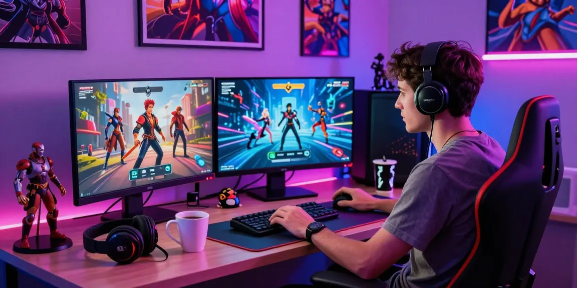 Engaged gamer exploring the Status app, interacting with AI characters from favorite fandoms, vibrant gaming atmosphere.