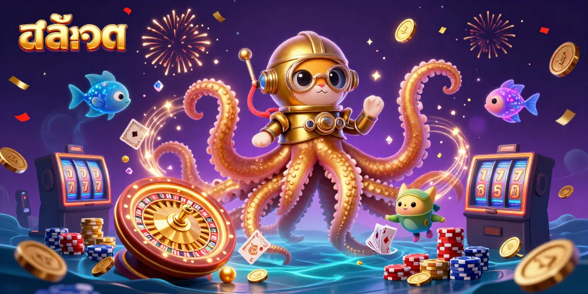 Experience thrilling สล็อต action with a vivid kraken and diving cat amidst cascading treasures.