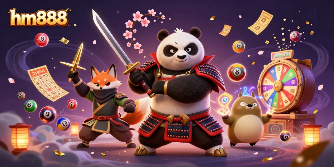 Engage in thrilling gameplay with hm888 as the samurai panda battles fortune in a vibrant casino world.