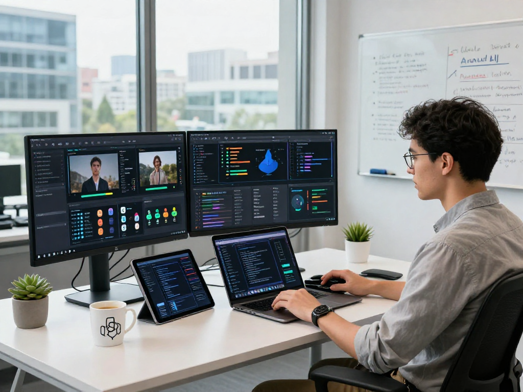 Detect AI image at a high-tech workspace analyzing AI-generated content.