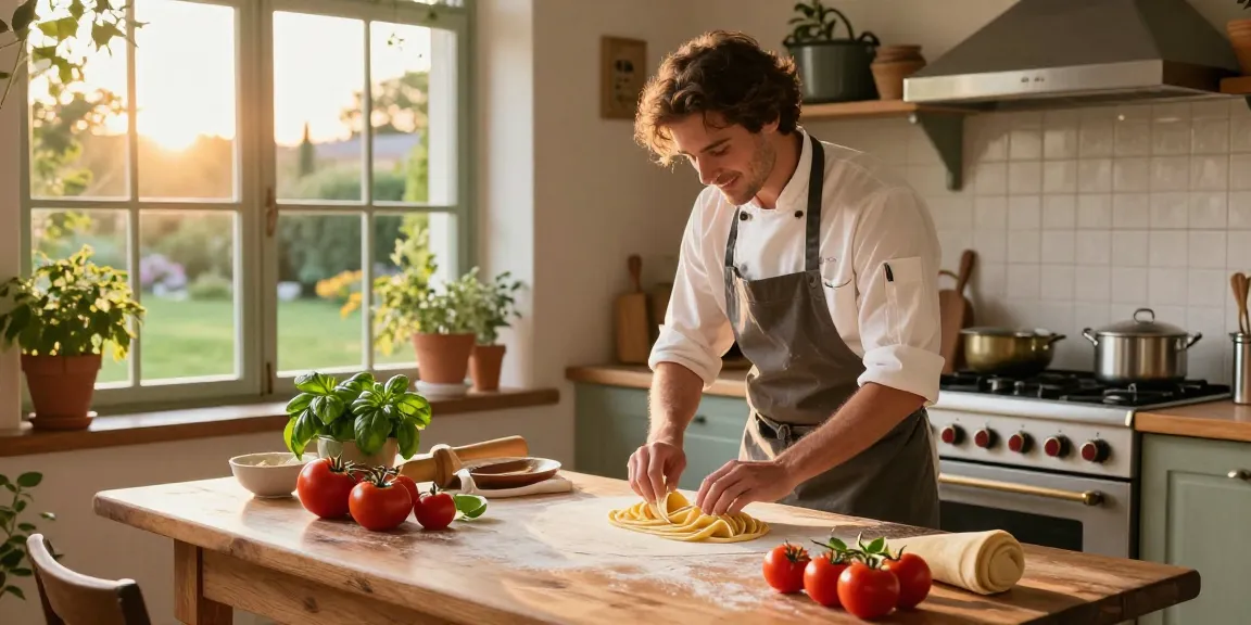 Authentic Italian food preparation scene with fresh ingredients and warm lighting.