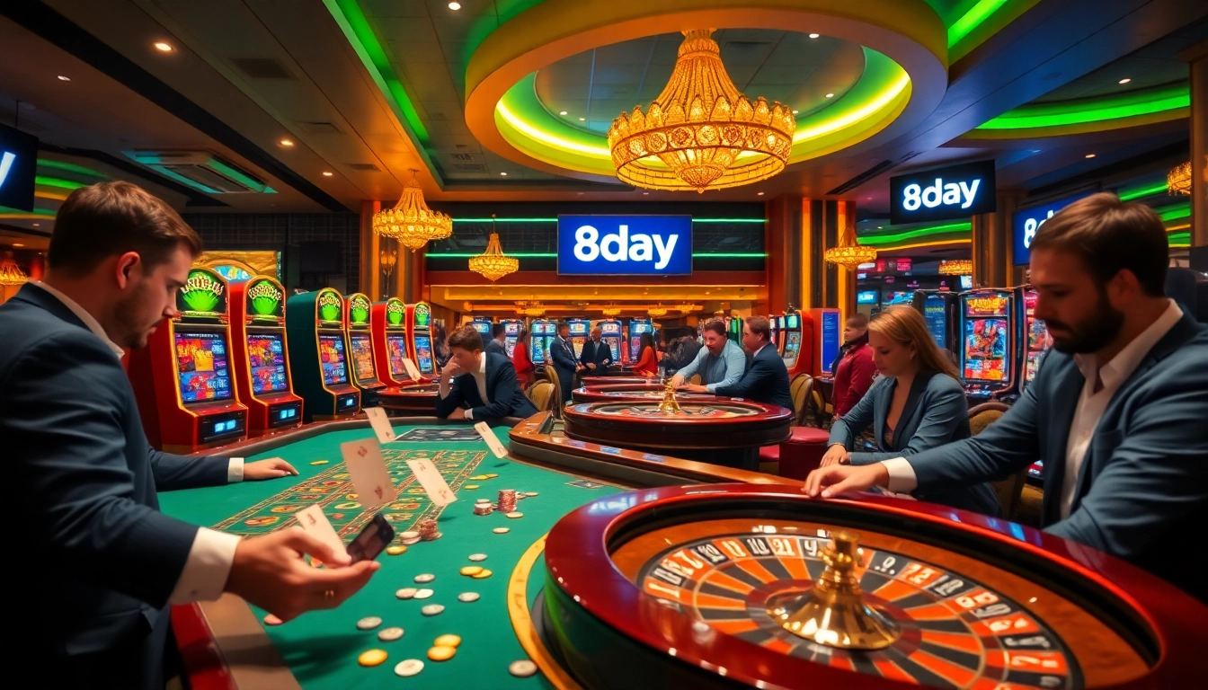Players enjoying high-stakes gambling at 8day casino with luxury gaming tables and slot machines.