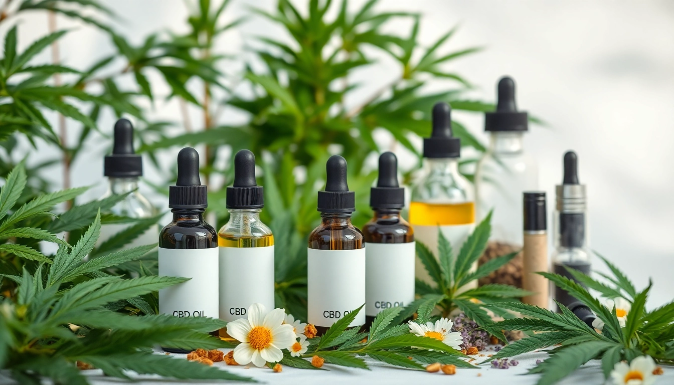 High-quality cbd öl bottles and hemp extract scattered among vape devices and natural wellness elements.