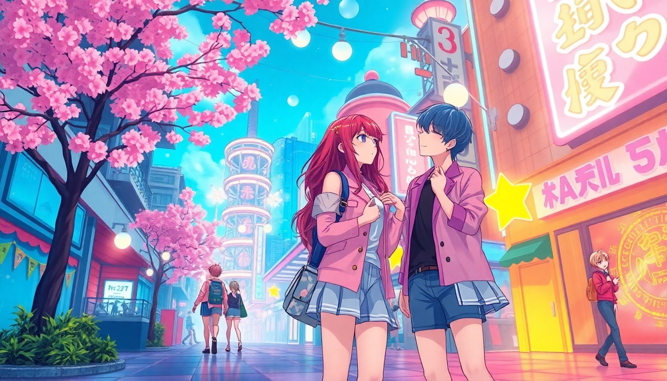 Enthralling anime sex scene with dynamic characters in a vibrant city