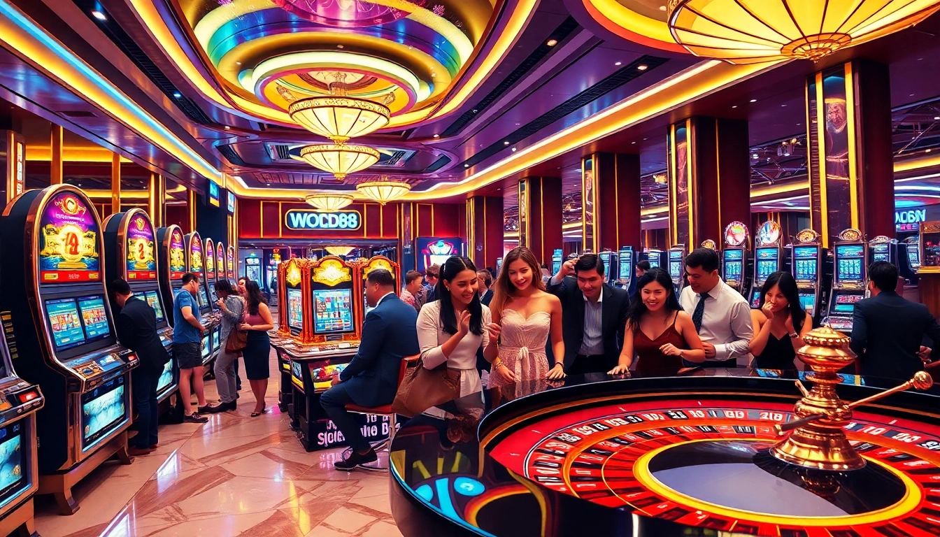 Experience the excitement of gambling at GOOD88's luxurious casino floor with players engaged in thrilling games.