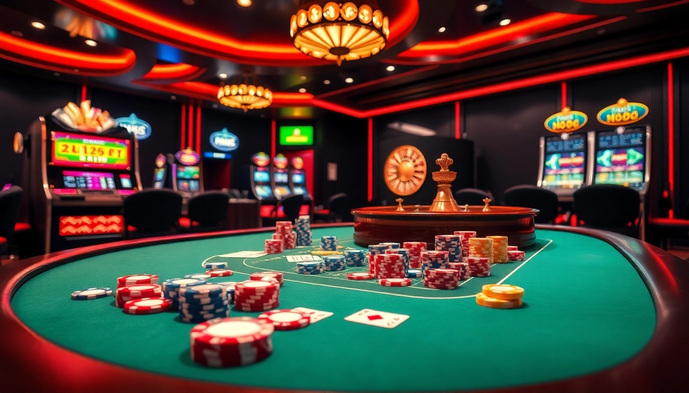 Experience the thrill of MM88 with a luxurious casino setup, featuring poker tables and slot machines.