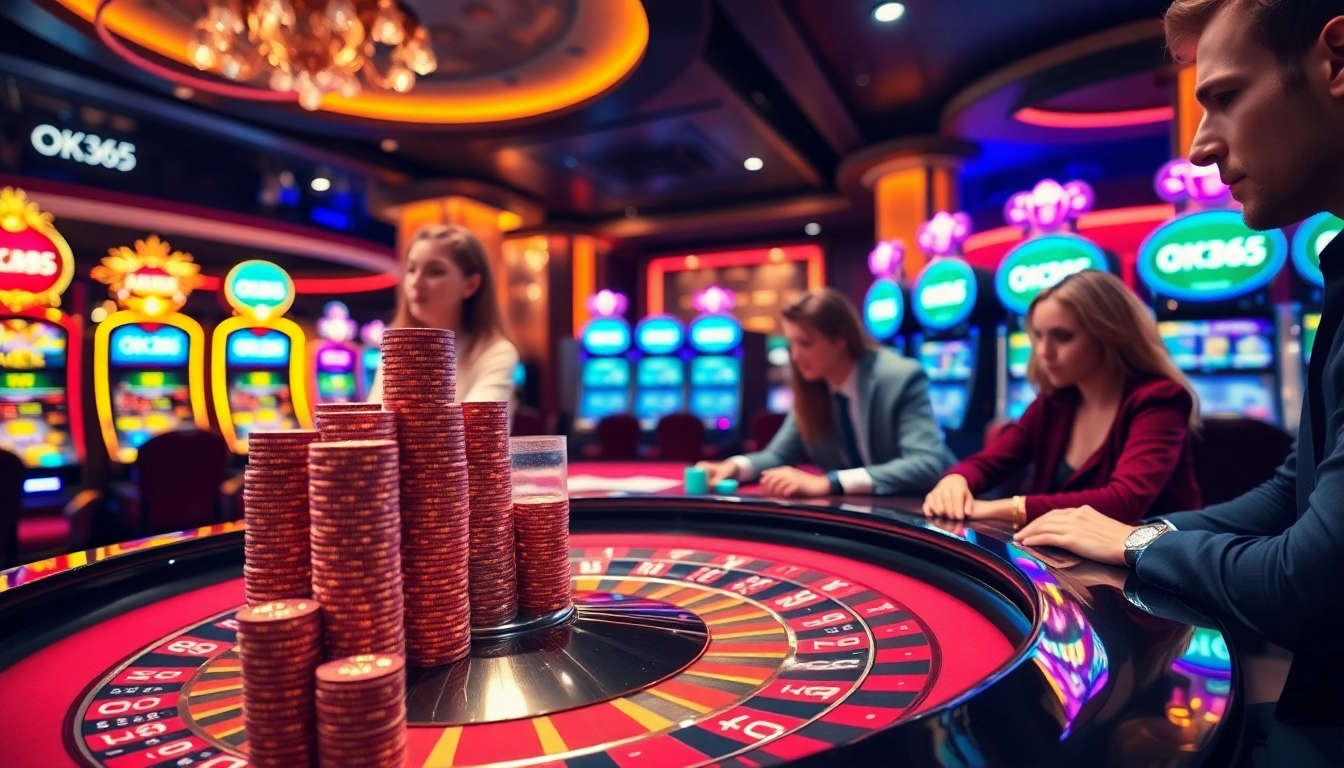 Exciting gambling scene with players at an OK365 roulette table, celebrating winnings.