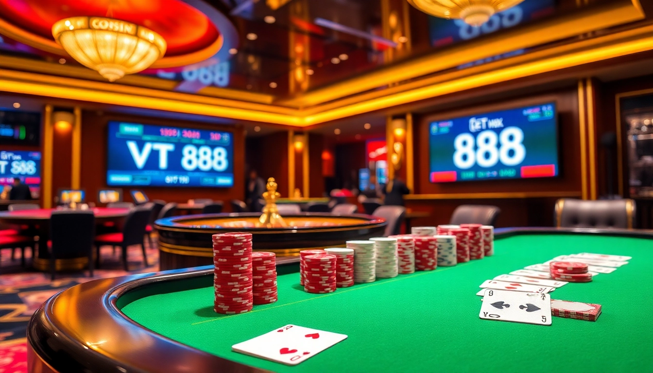 Experience thrilling casino action at VT 88 with poker chips and a spinning roulette wheel.