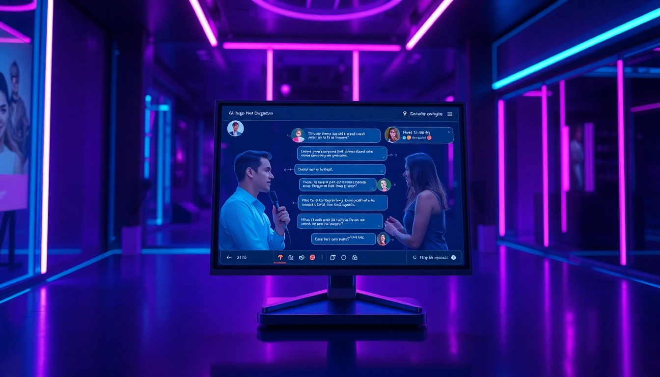 AI porn chat interface featuring diverse digital avatars in a modern, immersive setting.