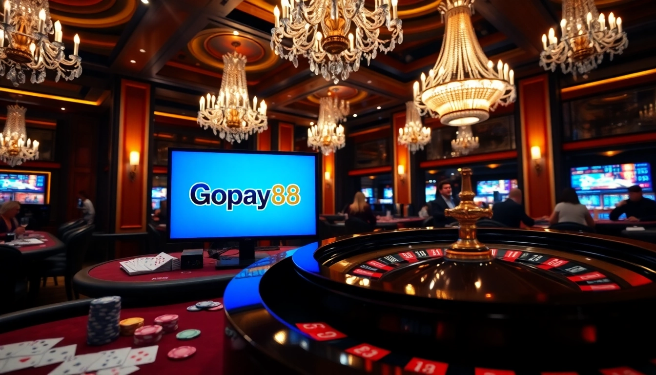 Gopay88 enhancing online gambling experience with a thrilling casino scene featuring poker and roulette.