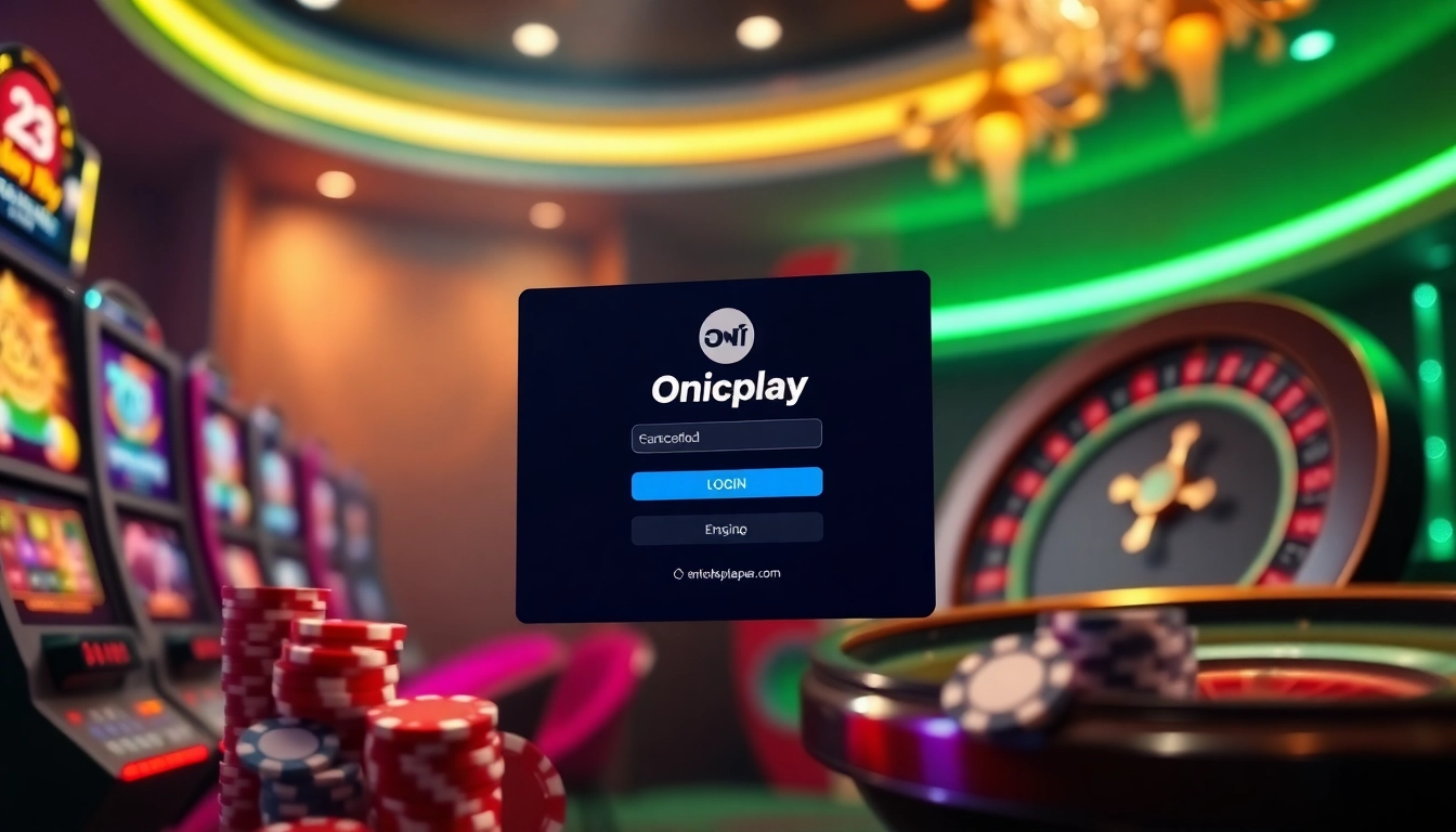 Experience the excitement of Onicplay login, featuring engaging casino elements like slot machines and poker chips.