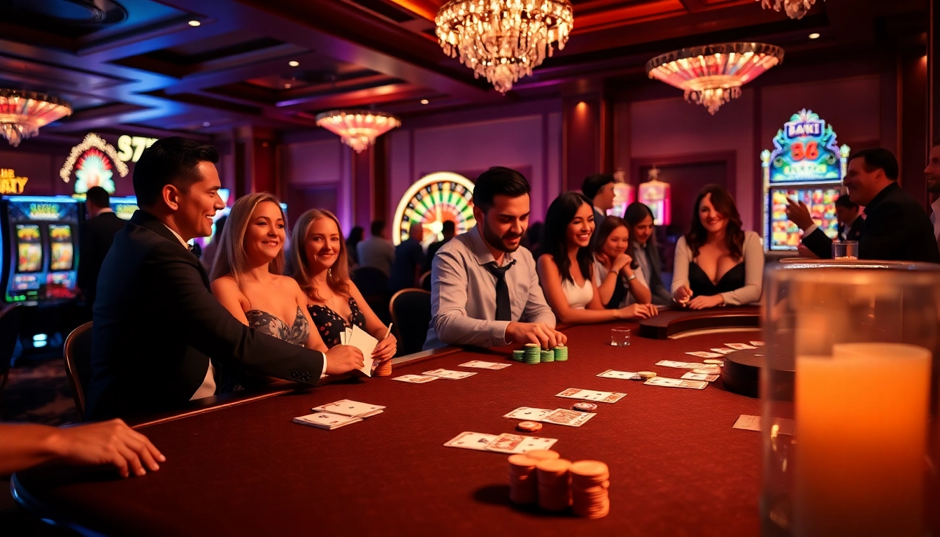 Experience 88vv excitement with players at a vibrant casino table featuring cards and chips.