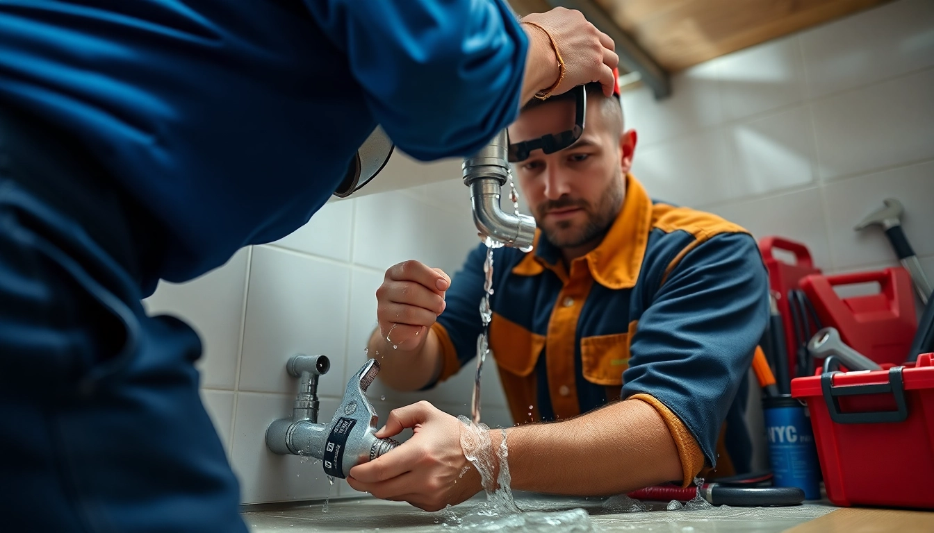 NYC emergency plumber & sewer fixing a burst pipe under a kitchen sink, conveying urgency and professionalism.
