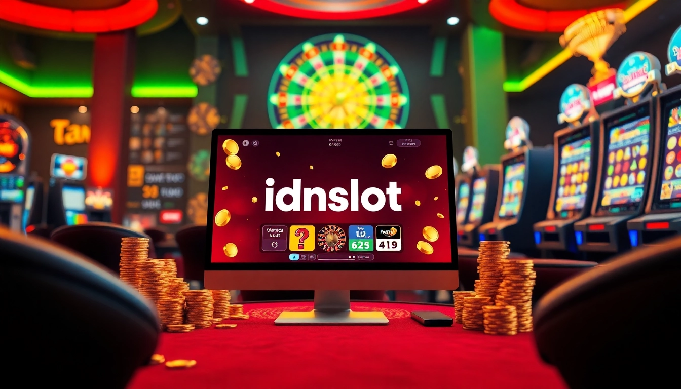 Experience thrilling gameplay with idnslot on a computer screen surrounded by roulette and slot machines.