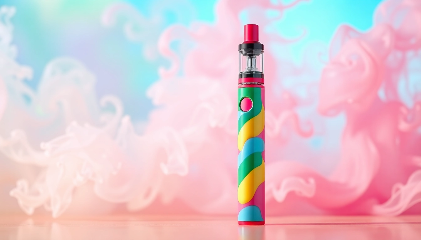 Experience the sweetness of candy vape pen amidst a colorful vapor-filled backdrop.