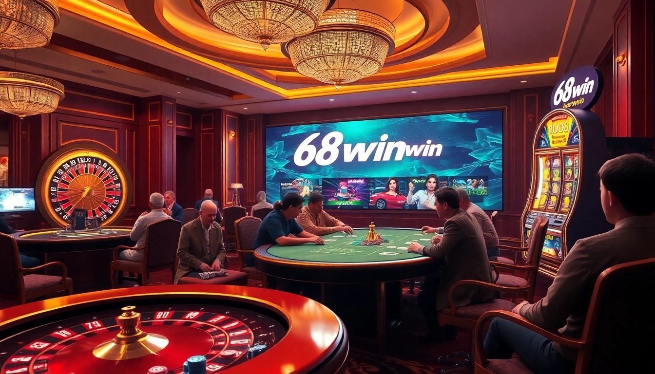 Players engage in intense poker action at a luxurious casino table, embodying the excitement of 68win.