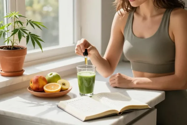 Proper loud CBD oil tincture in a serene wellness kitchen, showcasing organic ingredients and a calming atmosphere.